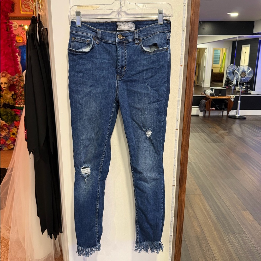 Free People Blue Distressed Ankle Crop Jeans